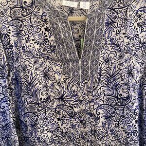 Sigrid Olsen Linen Blue Floral Boho Print 3/4 Sleeve Tunic Medium New with Tags